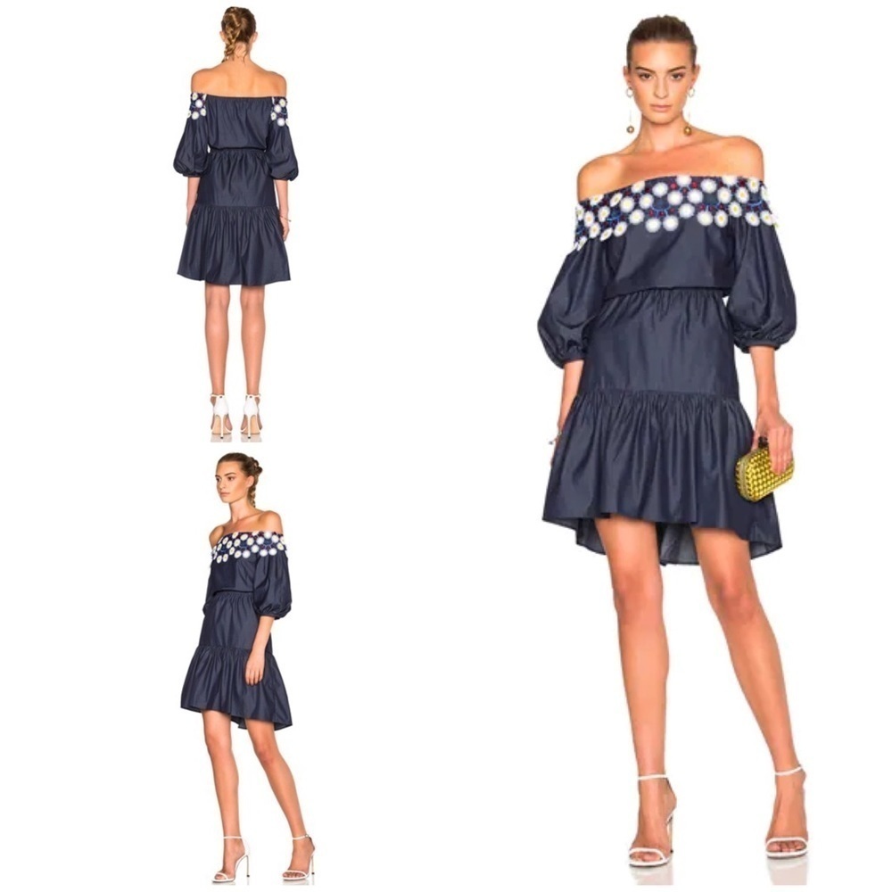 PETER PILOTTO Crochet Floral Indigo Cotton Lace Pallas Off the Shoulder Dress 4 